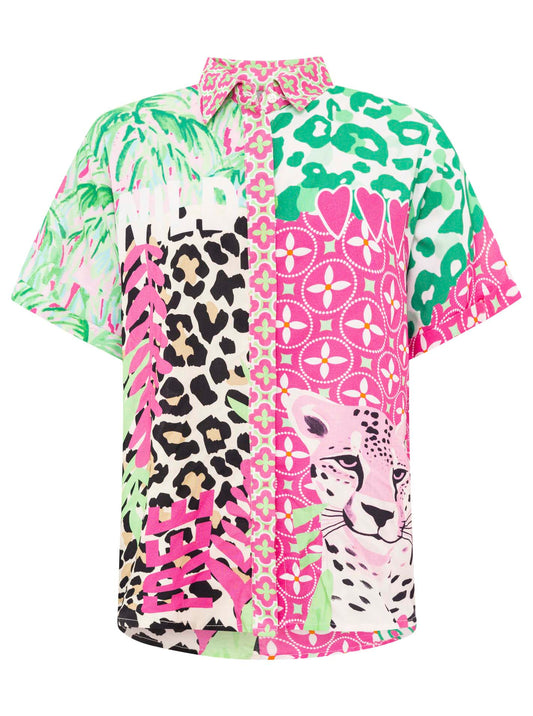 Zwillingsherz Damen-Kurzarmbluse aus 100% Viskose - Modell Pink Wild mit Allover-Print