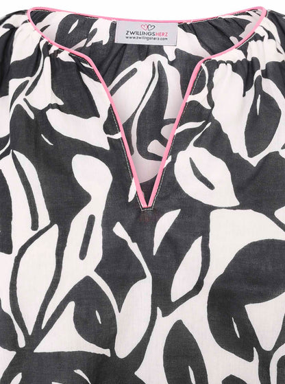 Bluse " Isabella" - Blätterprint - Zwillingsherz - Schwarz - Weiß