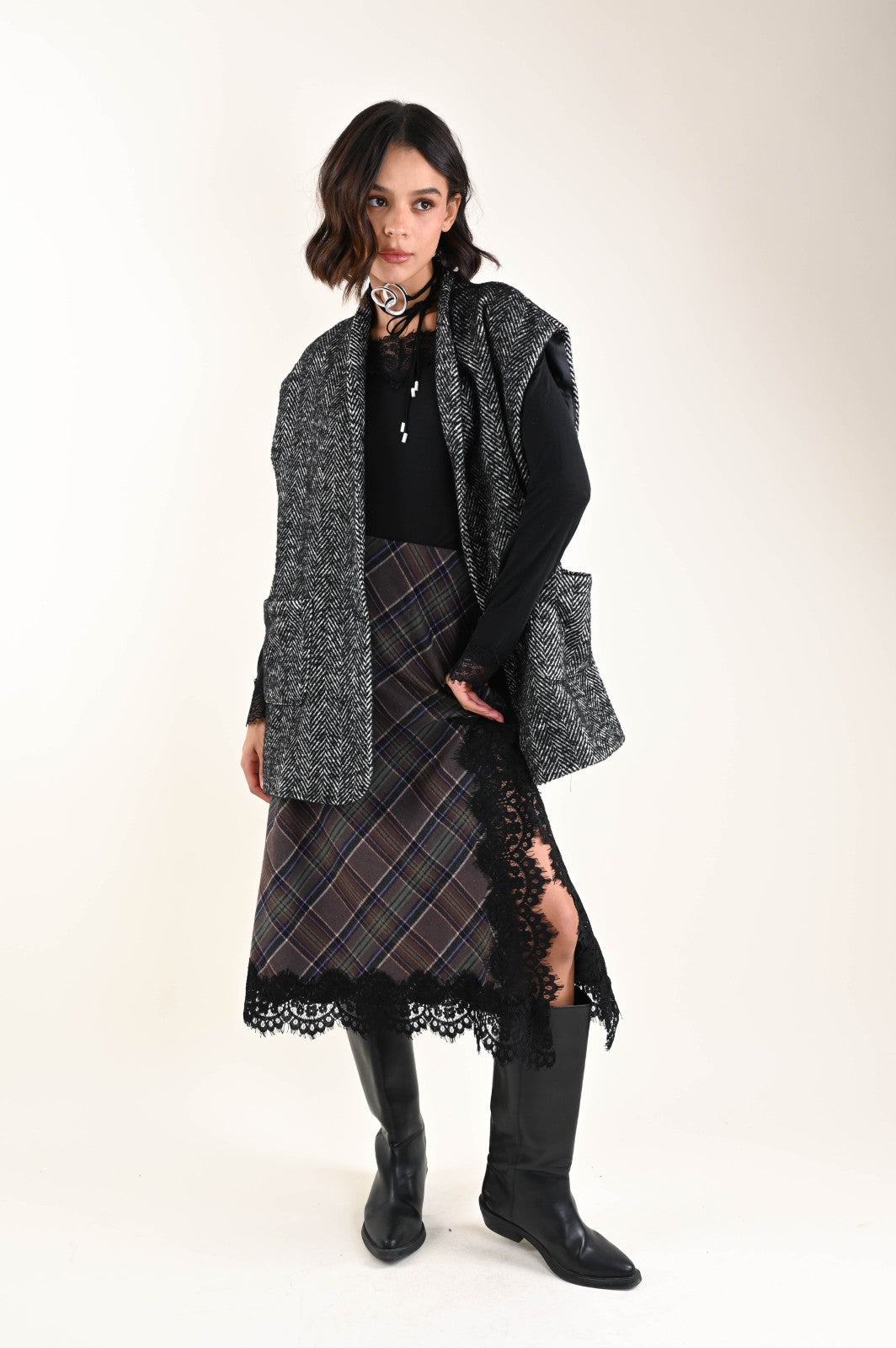 MYASTREET Weste mit Fischgrät-Muster in Schwarz & Weiß