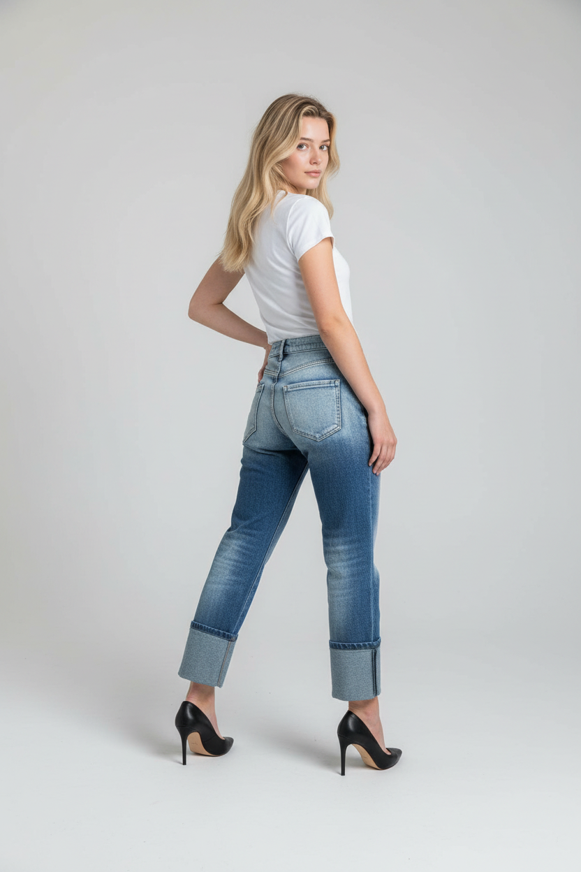 Sexy Woman Boyfriend Jeans mit Ziernähten in verwaschenem Mittelblau