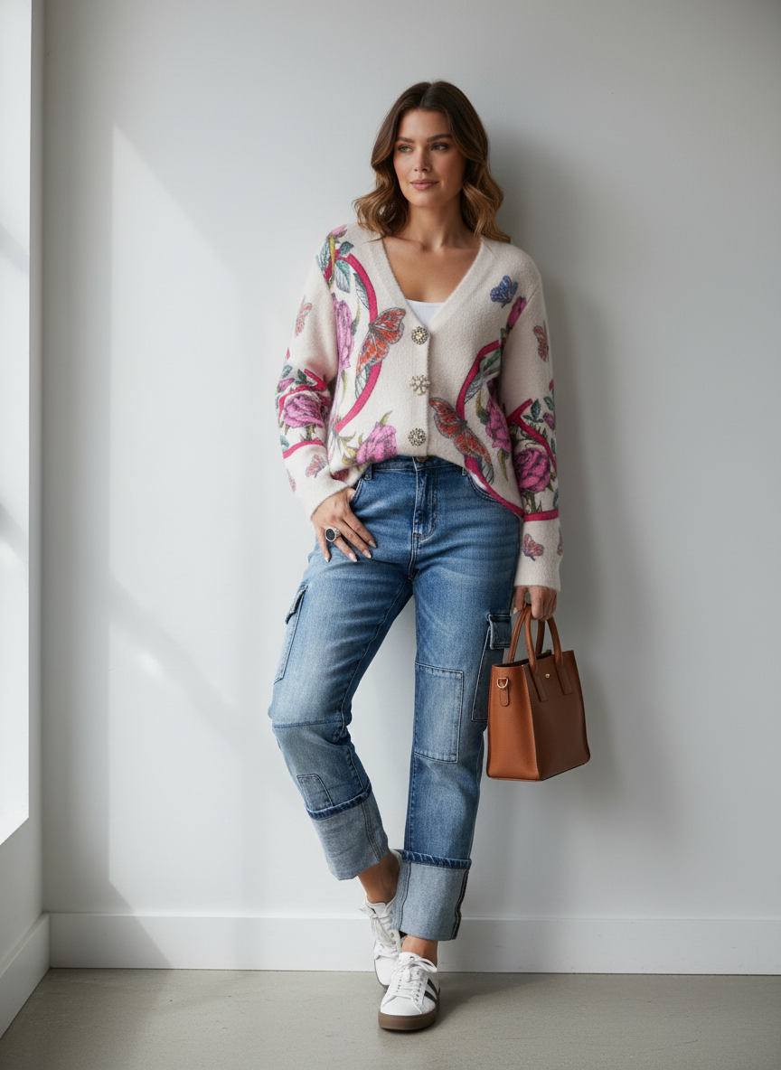 Rose Mode - Cardigan mit Schmetterlings- und Blumenmotiven in Creme