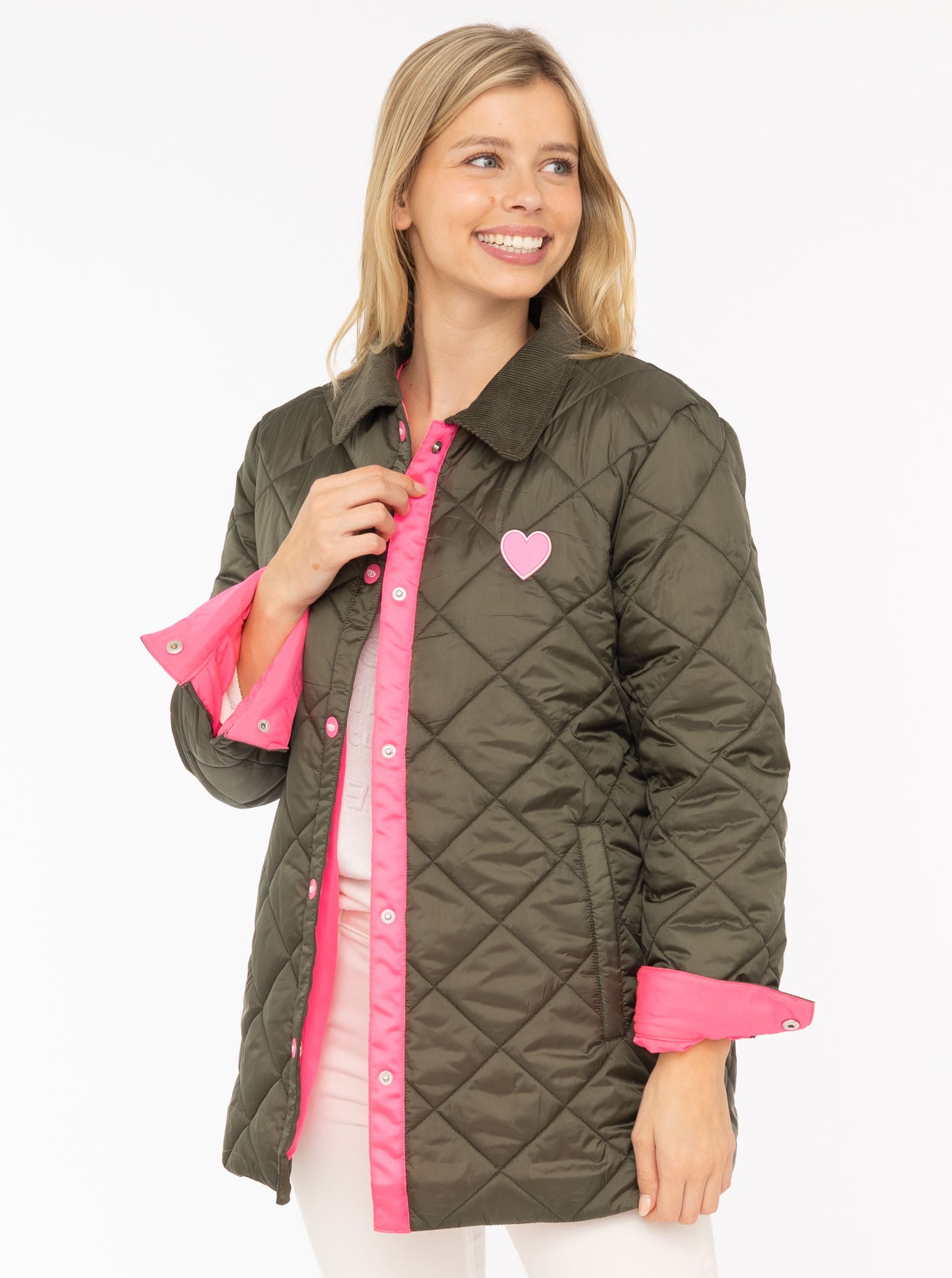 Zwillingsherz Stepparka mit Kordkragen - Oliv mit pinken Akzenten