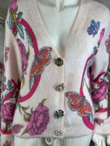 Rose Mode - Cardigan mit Schmetterlings- und Blumenmotiven in Creme