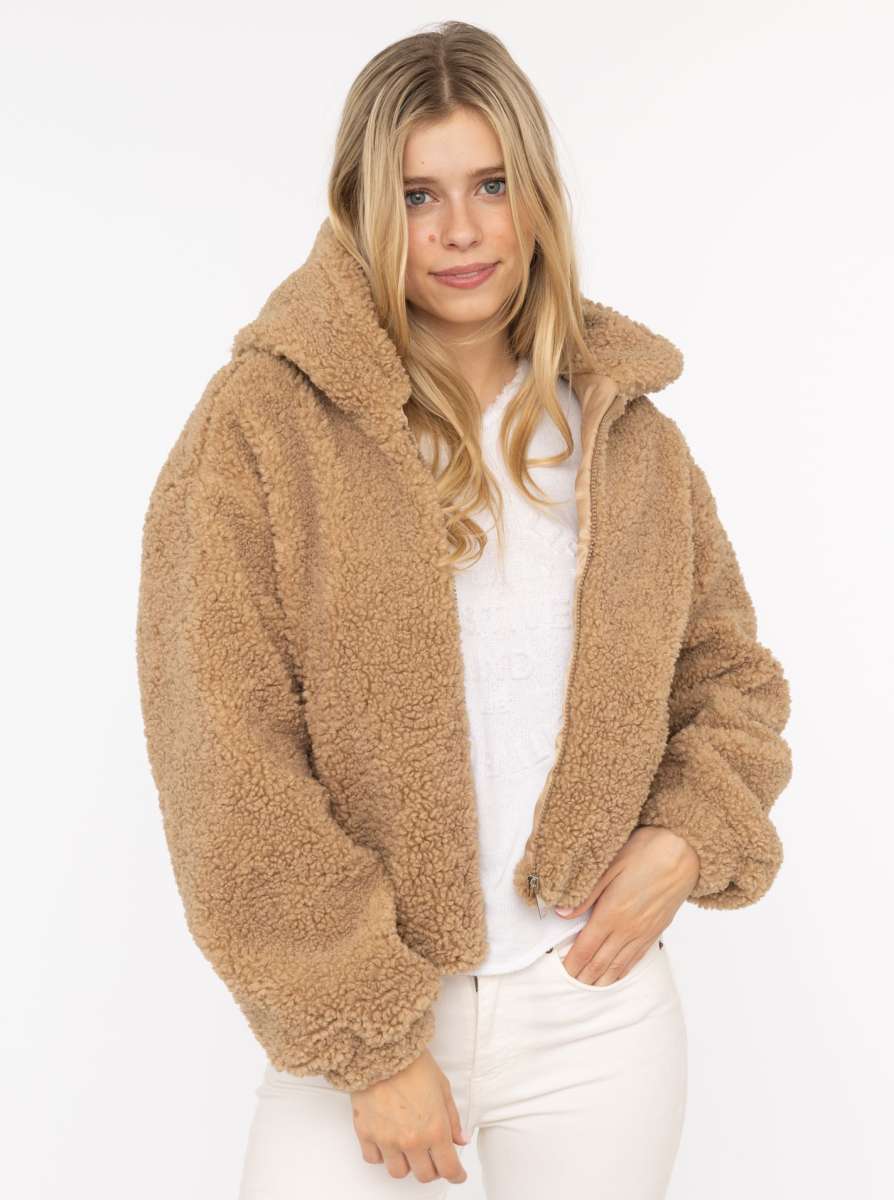 Zwillingsherz Teddy-Jacke mit Kapuze - Camel