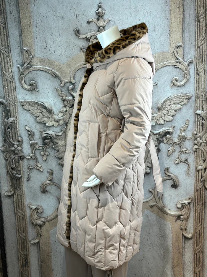 Rose Mode - Steppmantel mit Kunstfellbesatz - Leopard - Beige