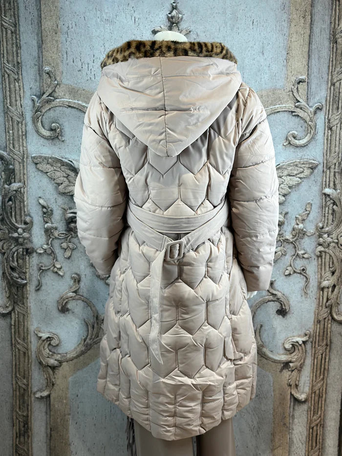 Rose Mode - Steppmantel mit Kunstfellbesatz - Leopard - Beige