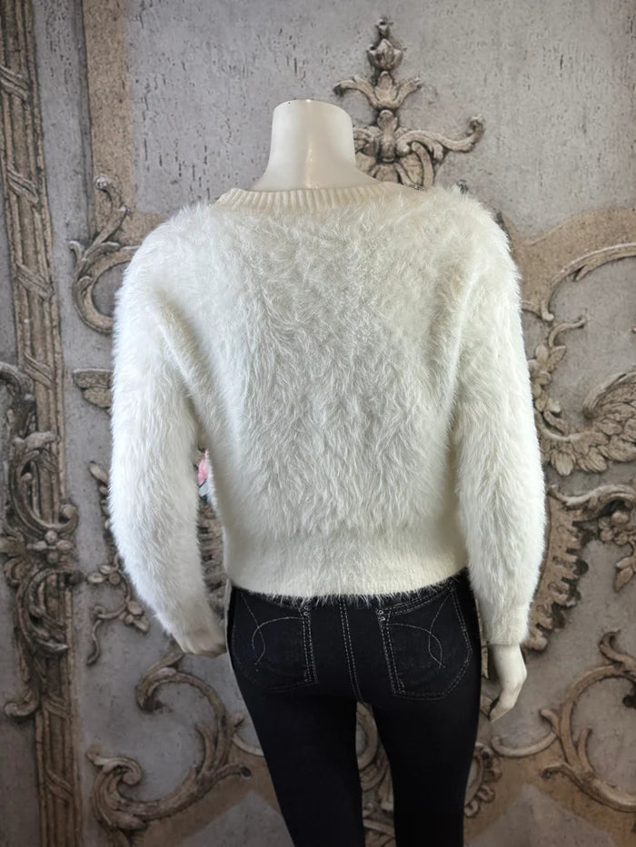 Rose Mode - Kuschel-Cardigan mit Blumenapplikationen & Strass  in Beige