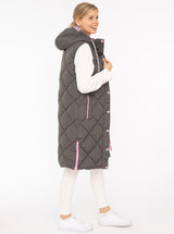 Zwillingsherz - Steppweste Lang "Love Print" - Grau mit rosafarbenen Details