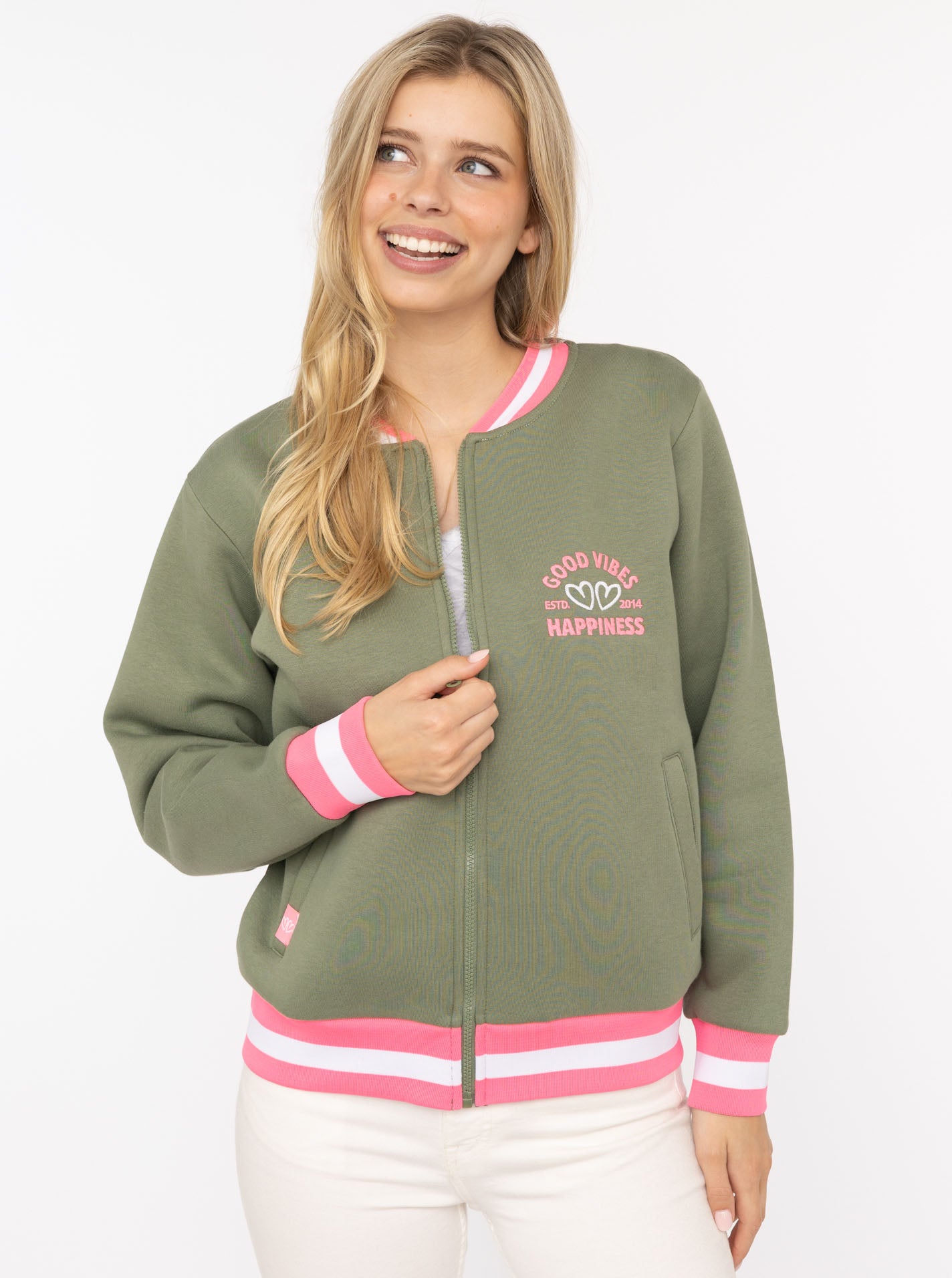 Zwillingsherz  Sweat-Bomberjacke "College" - Damenjacke in Khaki mit pinken Details