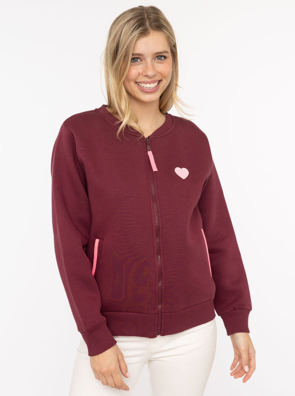 Zwillingsherz  Sweat-Bomberjacke "Love Happiness" - Damenjacke in Bordeaux mit pinken Details (Kopie)