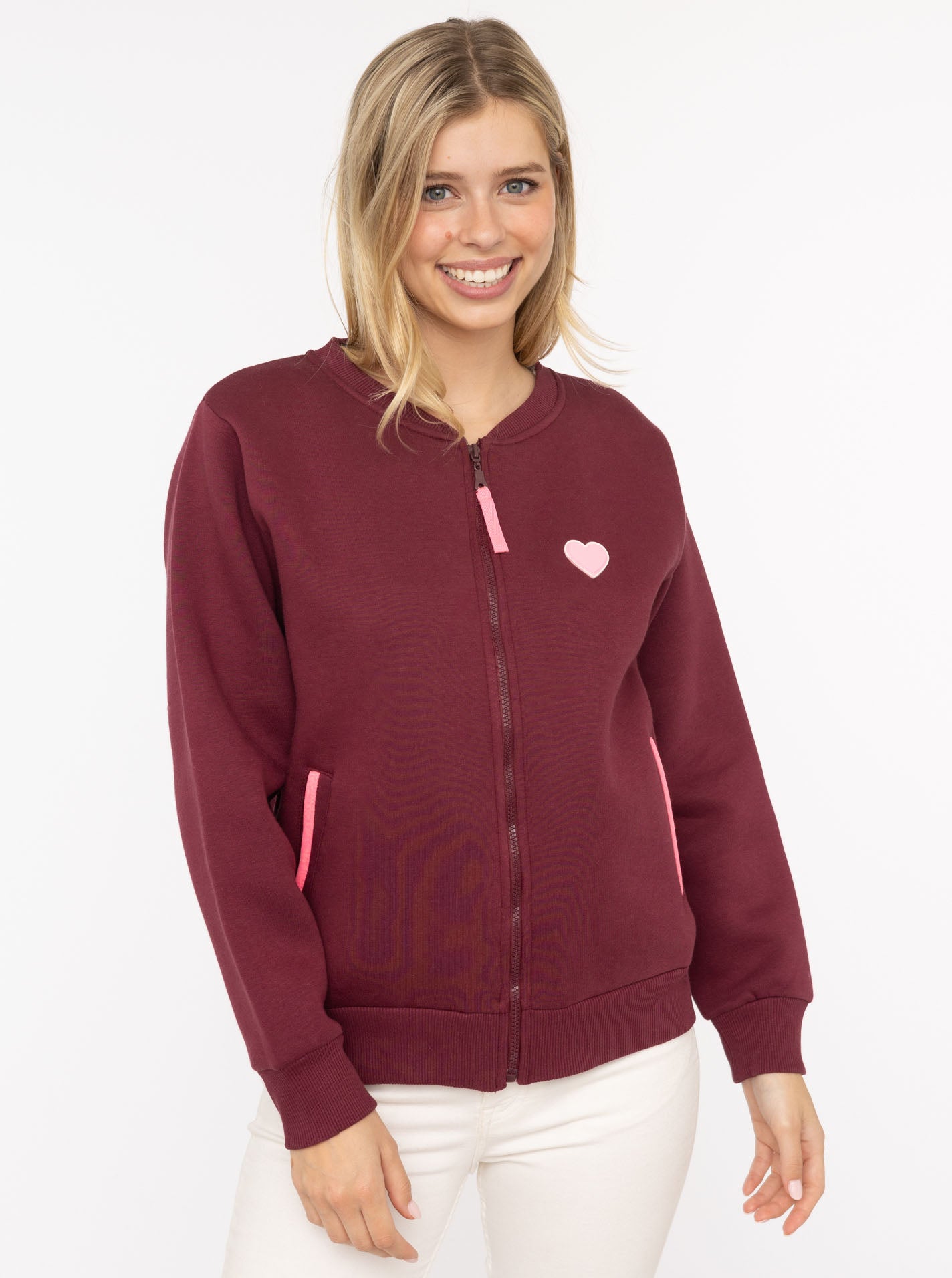 Zwillingsherz  Sweat-Bomberjacke "Love Happiness" - Damenjacke in Bordeaux mit pinken Details (Kopie)