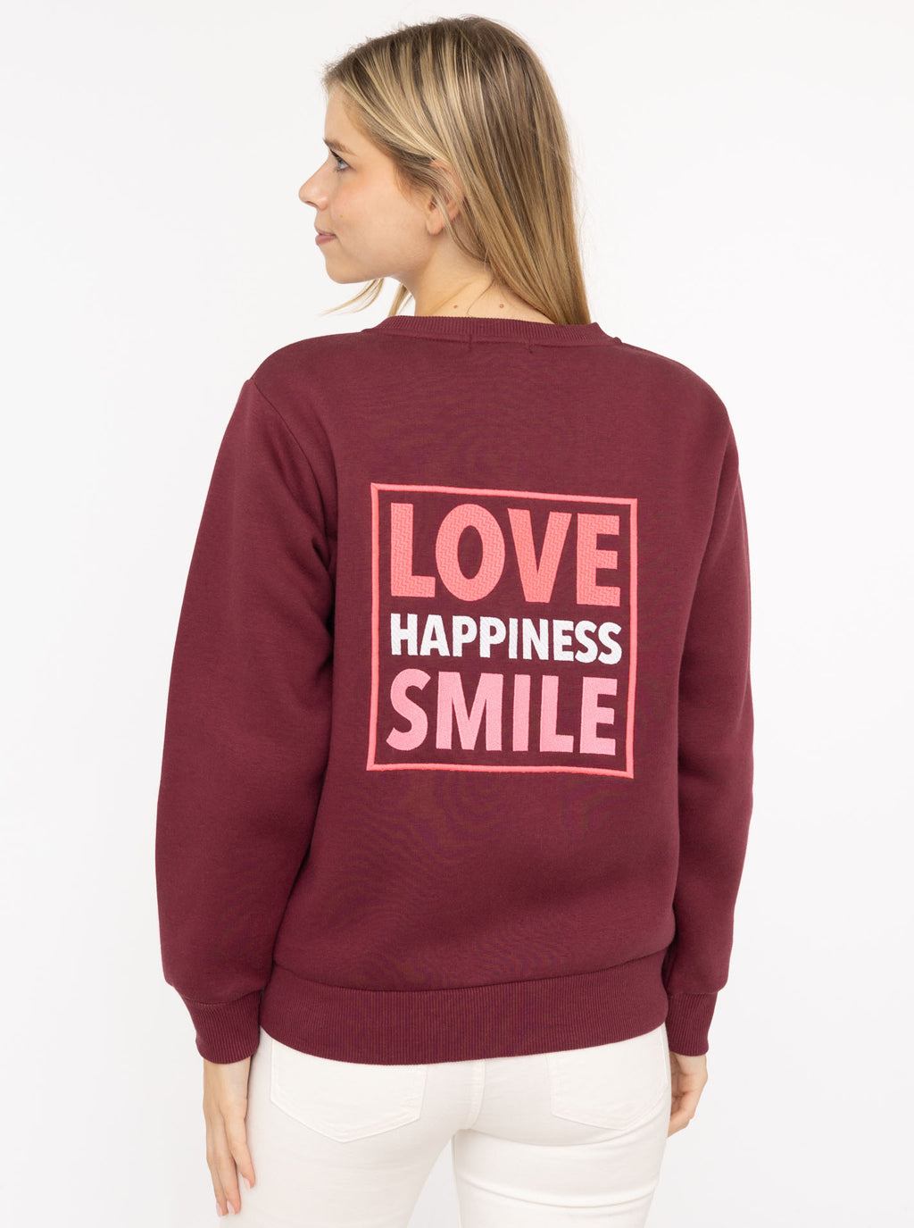 Zwillingsherz  Sweat-Bomberjacke "Love Happiness" - Damenjacke in Bordeaux mit pinken Details (Kopie)