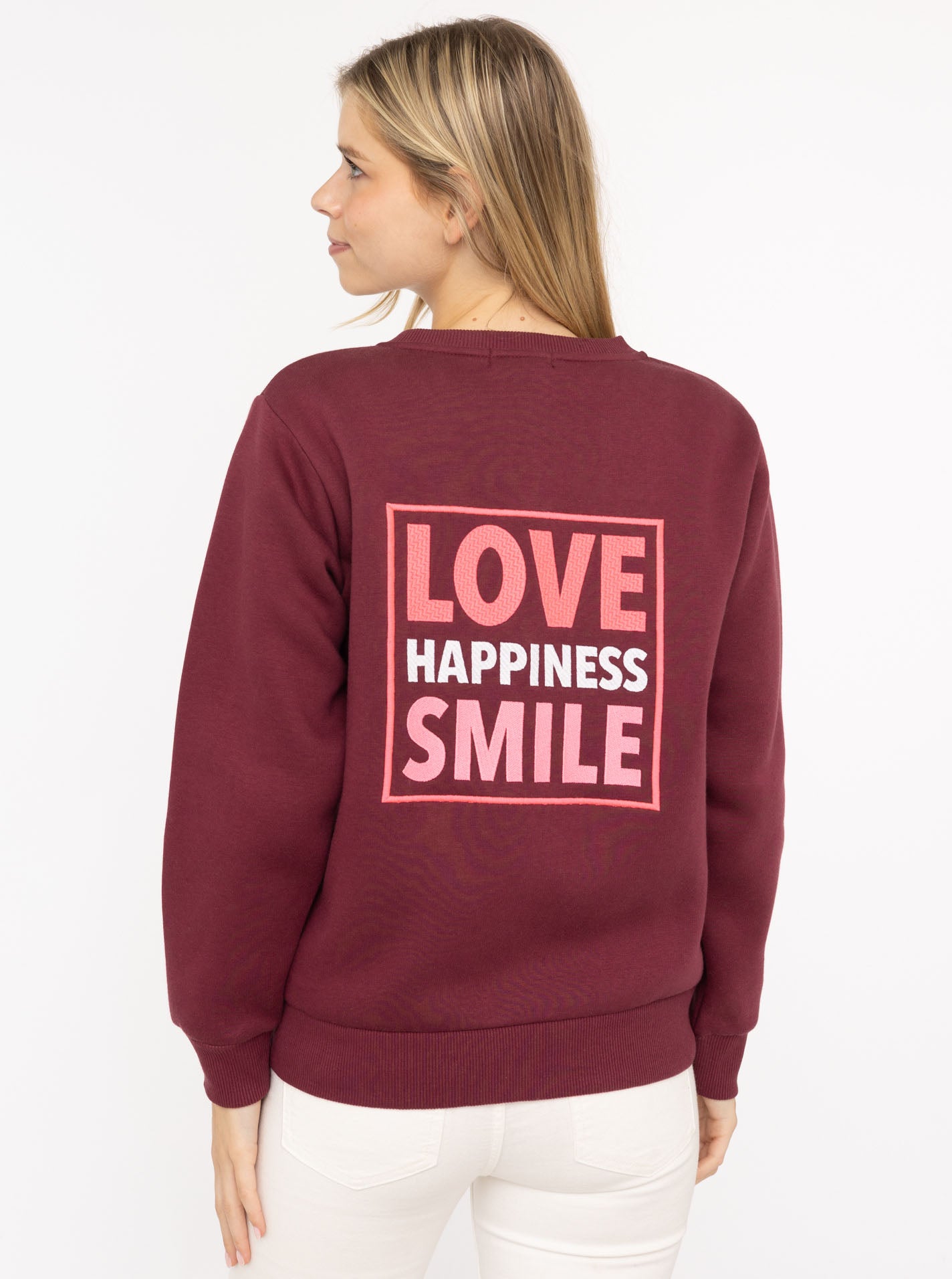 Zwillingsherz  Sweat-Bomberjacke "Love Happiness" - Damenjacke in Bordeaux mit pinken Details (Kopie)