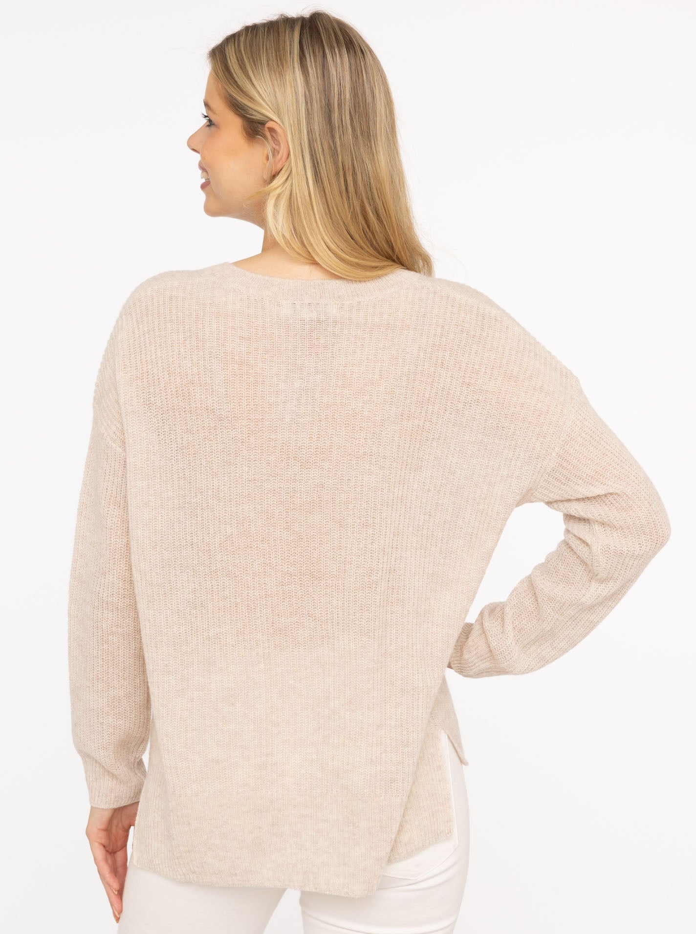 Zwillingsherz Rippstrick-Pullover - 100% Kaschmir - V-Ausschnitt - Hellbeige