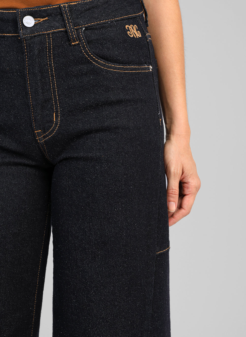 AN’GE Paris Jeans Pale aus dunklem Raw Denim mit Silberglitzer – Balloon-Fit