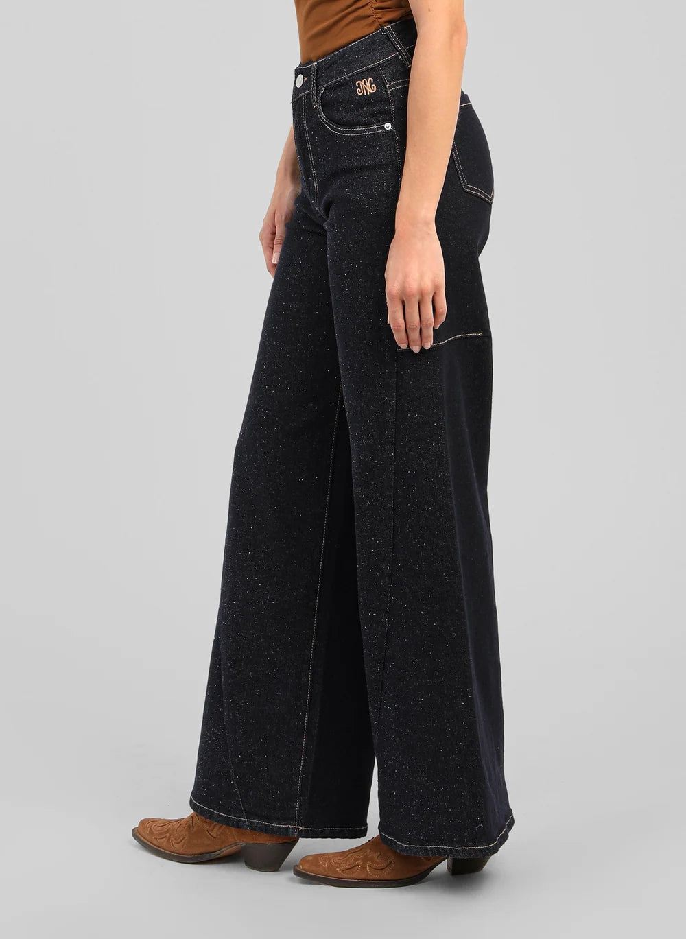 AN’GE Paris Jeans Pale aus dunklem Raw Denim mit Silberglitzer – Balloon-Fit