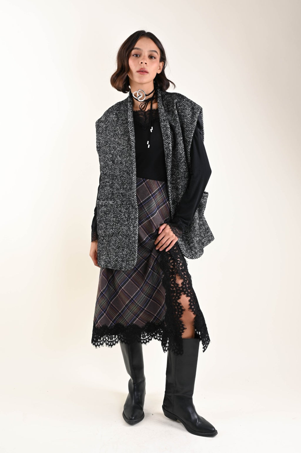 MYASTREET - Rock mit Karo-Muster & Spitzendetails