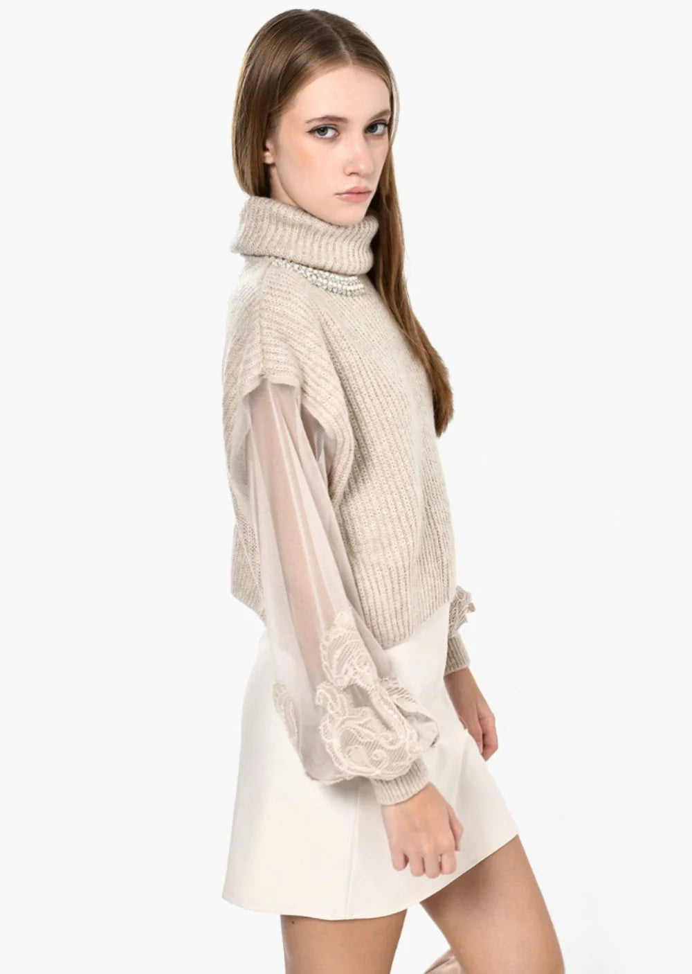 Rose Mode - Ausgefallener Strickpullover mit transparentem Ärmel - Beige