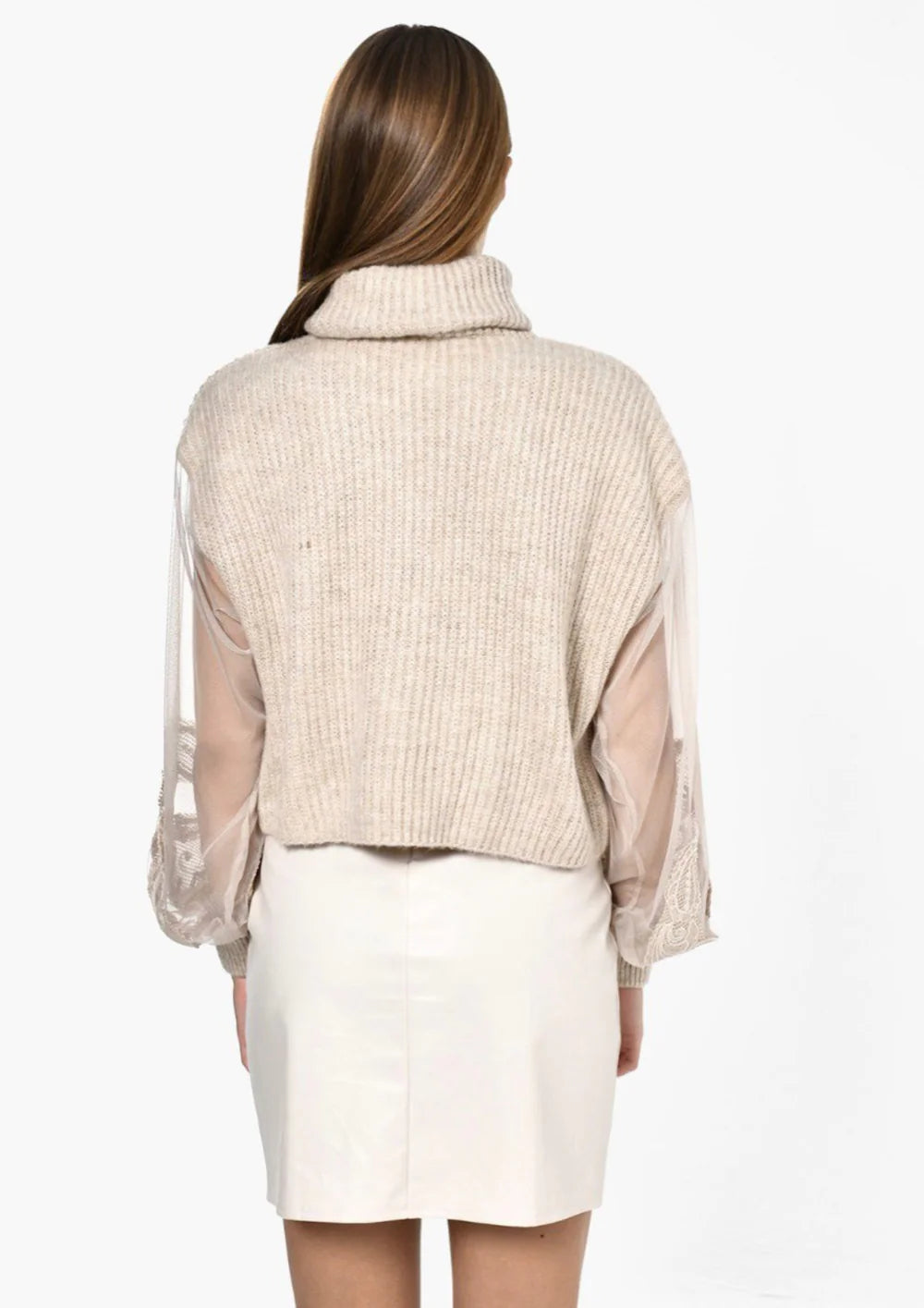 Rose Mode - Ausgefallener Strickpullover mit transparentem Ärmel - Beige