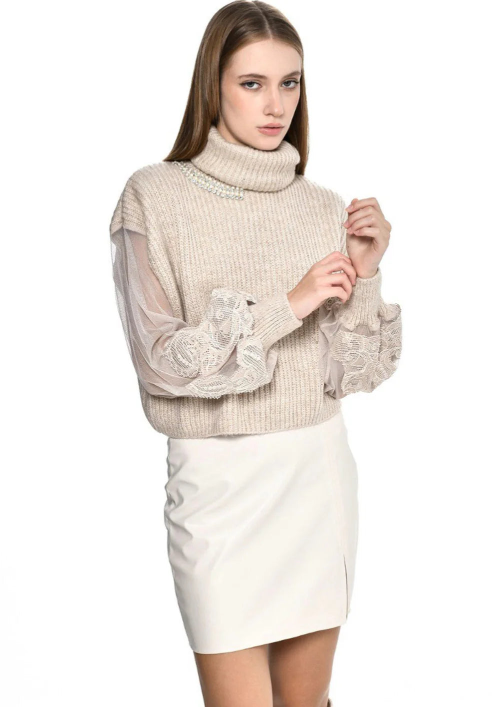 Rose Mode - Ausgefallener Strickpullover mit transparentem Ärmel - Beige