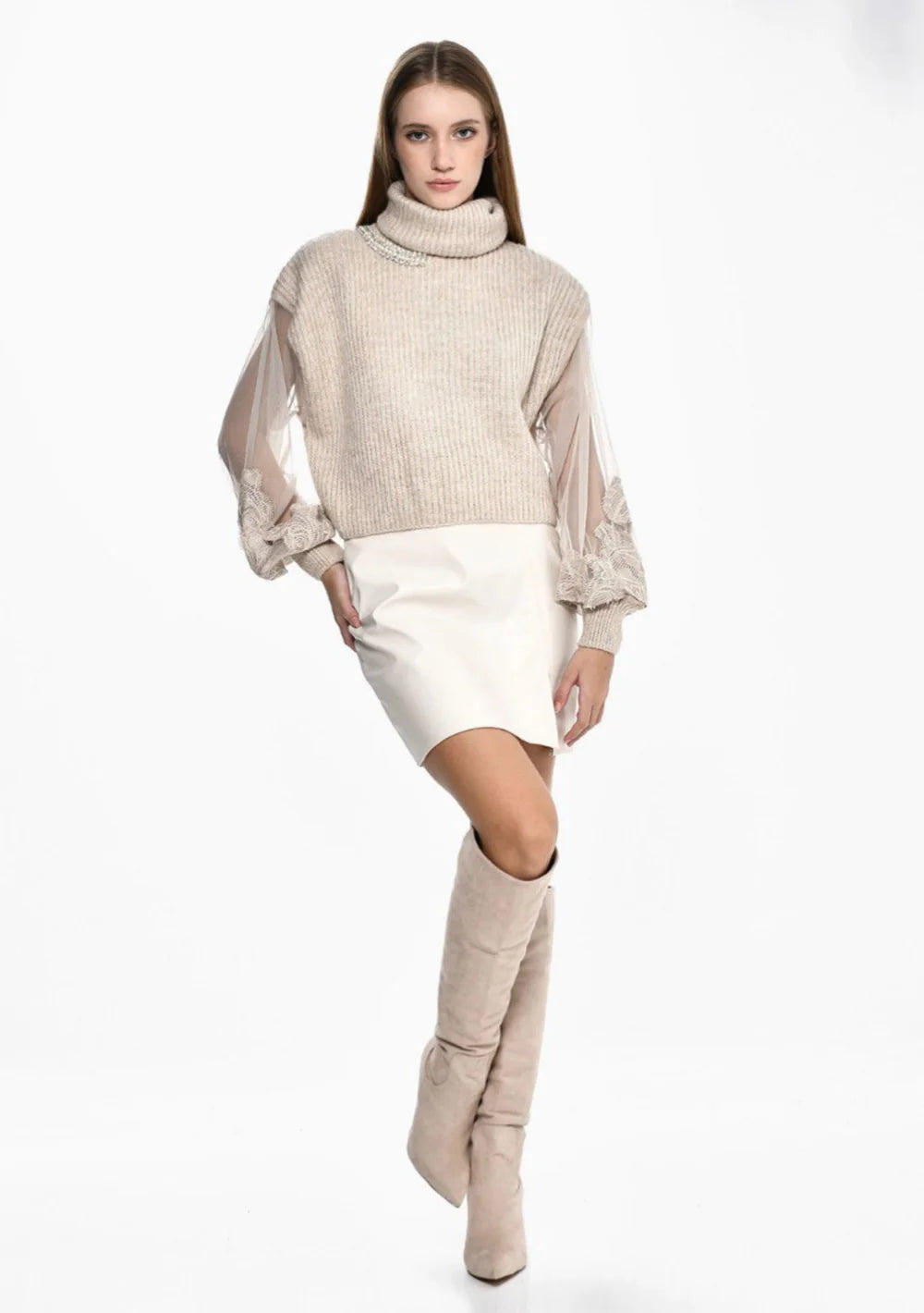 Rose Mode - Ausgefallener Strickpullover mit transparentem Ärmel - Beige