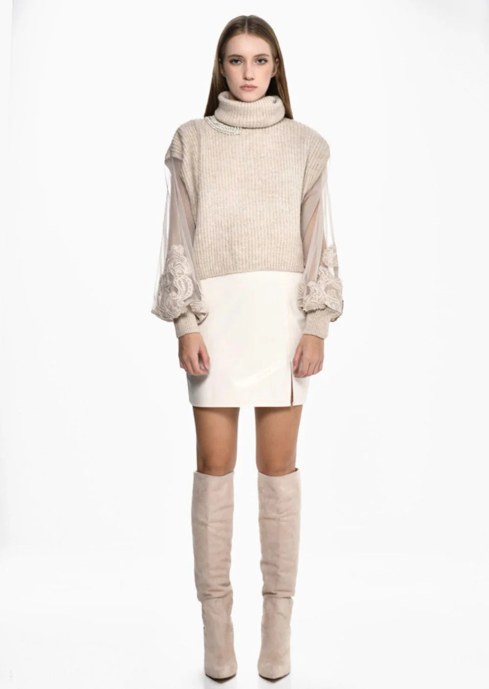 Rose Mode - Ausgefallener Strickpullover mit transparentem Ärmel - Beige