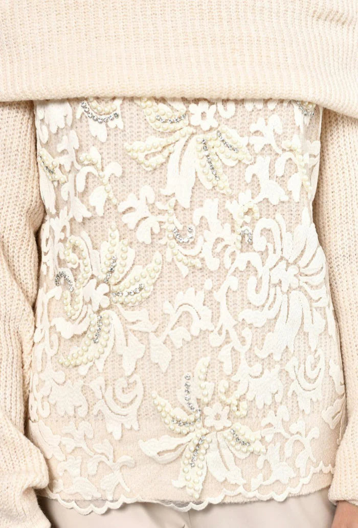 Rose Mode - Strickpullover mit Carmenausschnitt & Spitzenbesatz - Beige