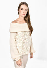 Rose Mode - Strickpullover mit Carmenausschnitt & Spitzenbesatz - Beige