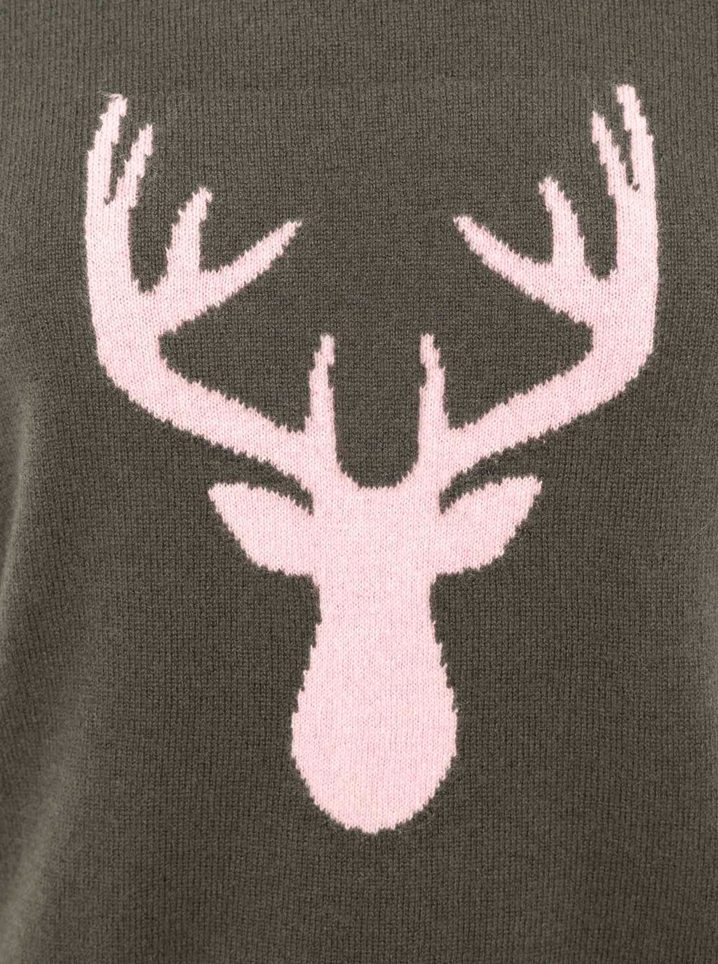 Zwillingsherz Pullover - 100% Kaschmir in Oliv-Grün mit rosa Hirsch