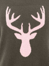 Zwillingsherz Pullover - 100% Kaschmir in Oliv-Grün mit rosa Hirsch