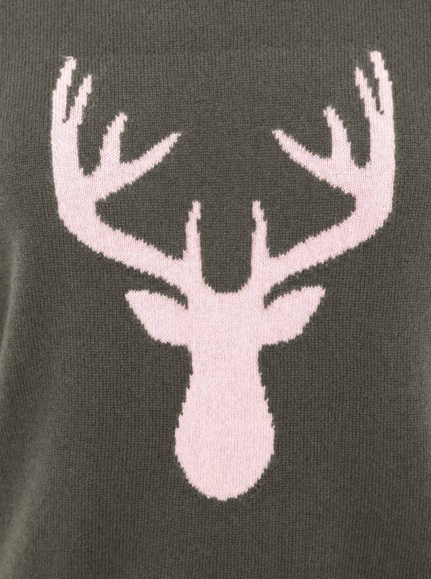 Zwillingsherz Pullover - 100% Kaschmir in Oliv-Grün mit rosa Hirsch
