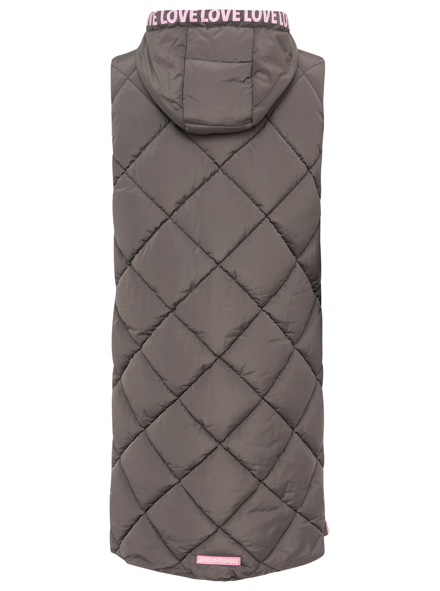 Zwillingsherz - Steppweste Lang "Love Print" - Grau mit rosafarbenen Details