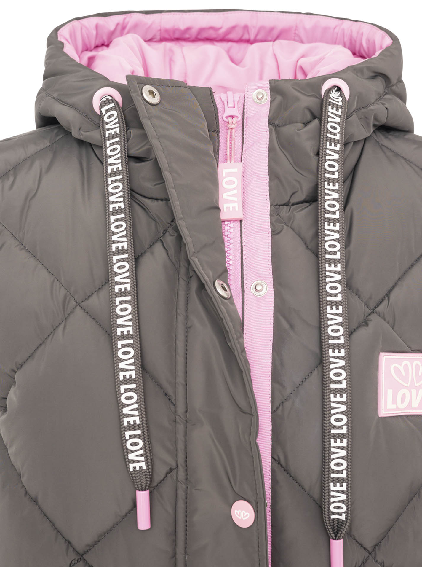 Zwillingsherz - Steppweste Lang "Love Print" - Grau mit rosafarbenen Details