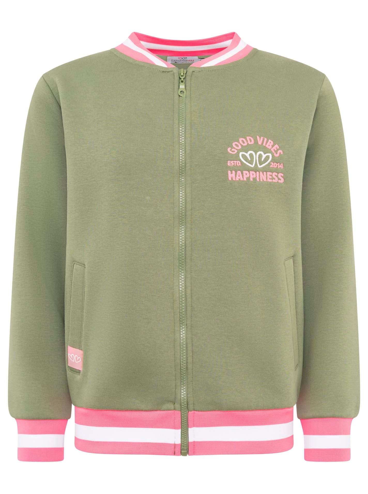 Zwillingsherz  Sweat-Bomberjacke "College" - Damenjacke in Khaki mit pinken Details