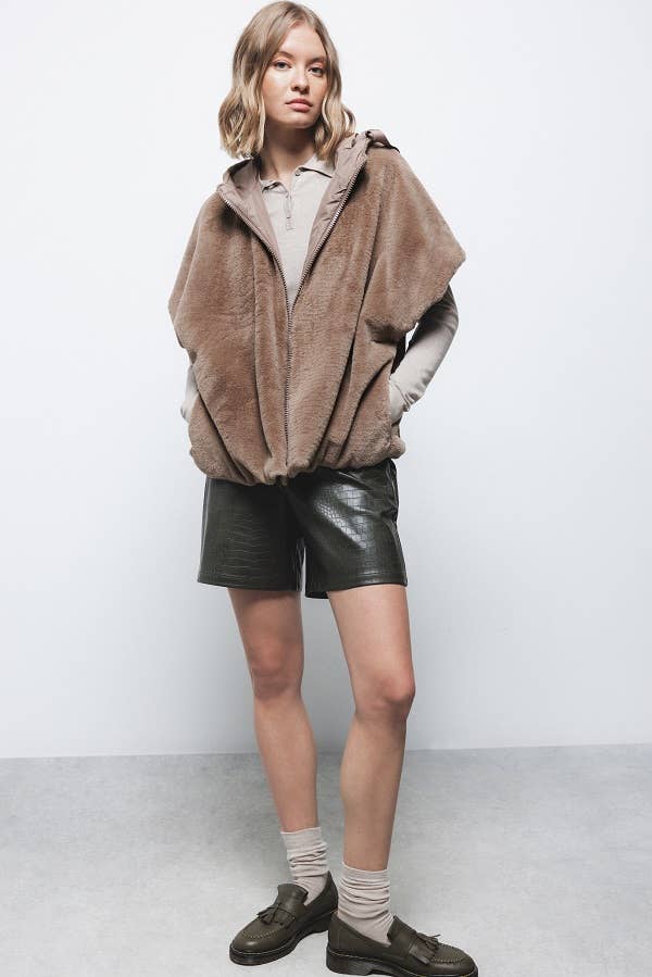 Lanidor - Wendeweste mit Kapuze & Kunstfell - Taupe