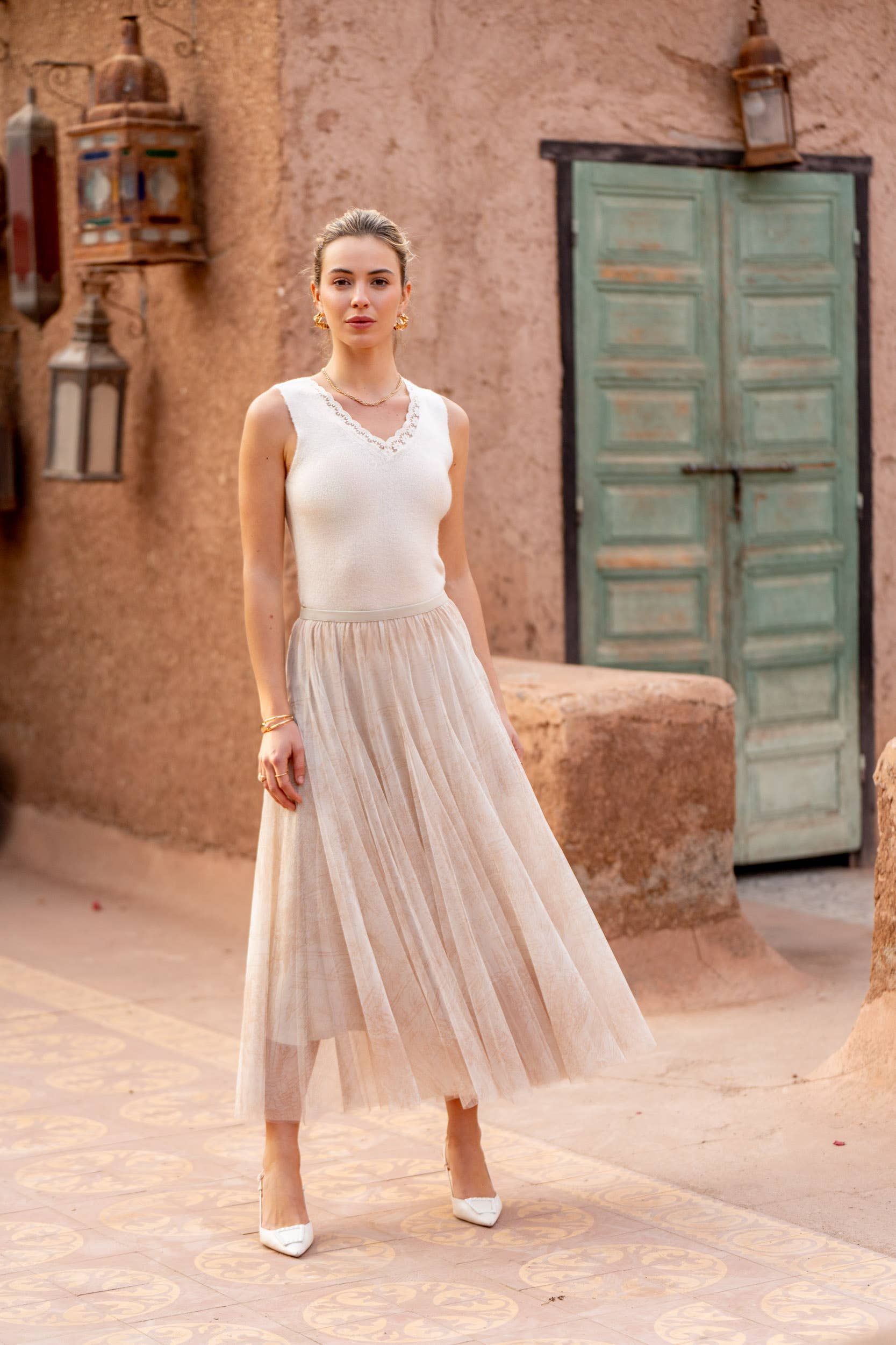 Choklate Paris - Ambre Rock aus Tüll mit Toile-de-Jouy-Print - Ecru - Romantischer Tüllrock