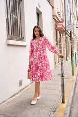 Choklate Paris Sienna Hemdblusenkleid Midilänge Florales Hibiskusmuster Pink-Weiß - Boho-Stil