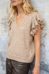 Lulumary Rüschenpullover in Taupe mit V-Ausschnitt