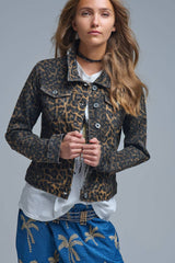 Q2 Jeansjacke Leopardenmuster Braun Denim