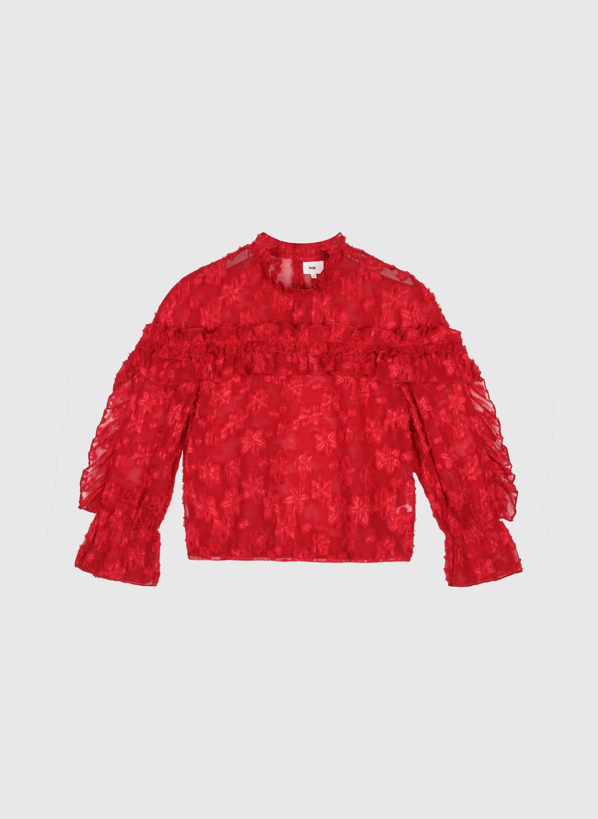 An'ge Paris Bluse Soely Rot - Jacquard-Semitransparent - Volant