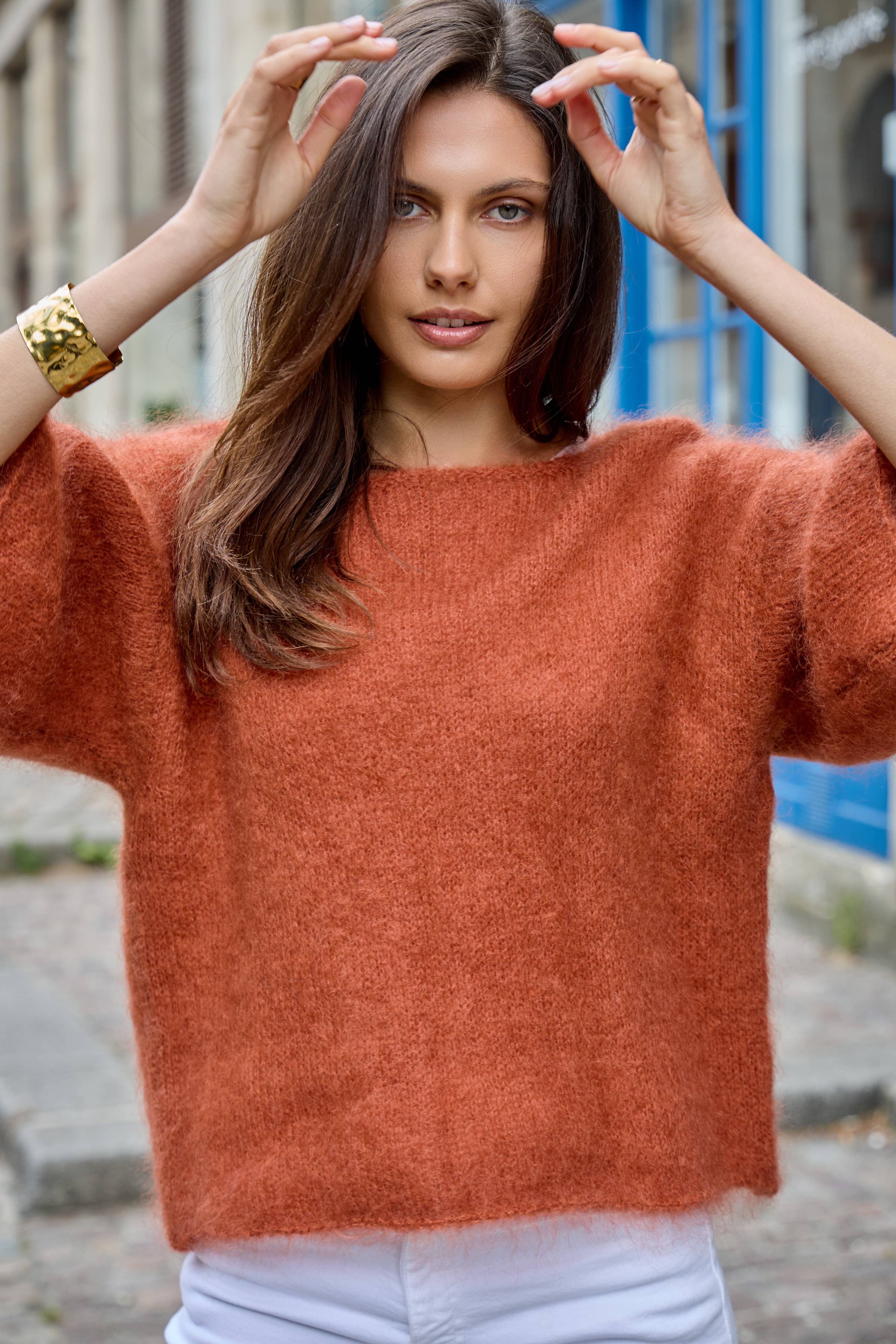 Pullover mit Bootsausschnitt, 3/4-Ärmeln, aus 76 % Mohair und Wolle: Auberginen / Eine Größe