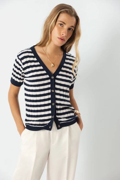 Lanidor- Gestreifte Kurzarm-Strickjacke aus Baumwolle - Maritimer Cardigan mit Knöpfen