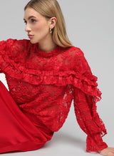 An'ge Paris Bluse Soely Rot - Jacquard-Semitransparent - Volant
