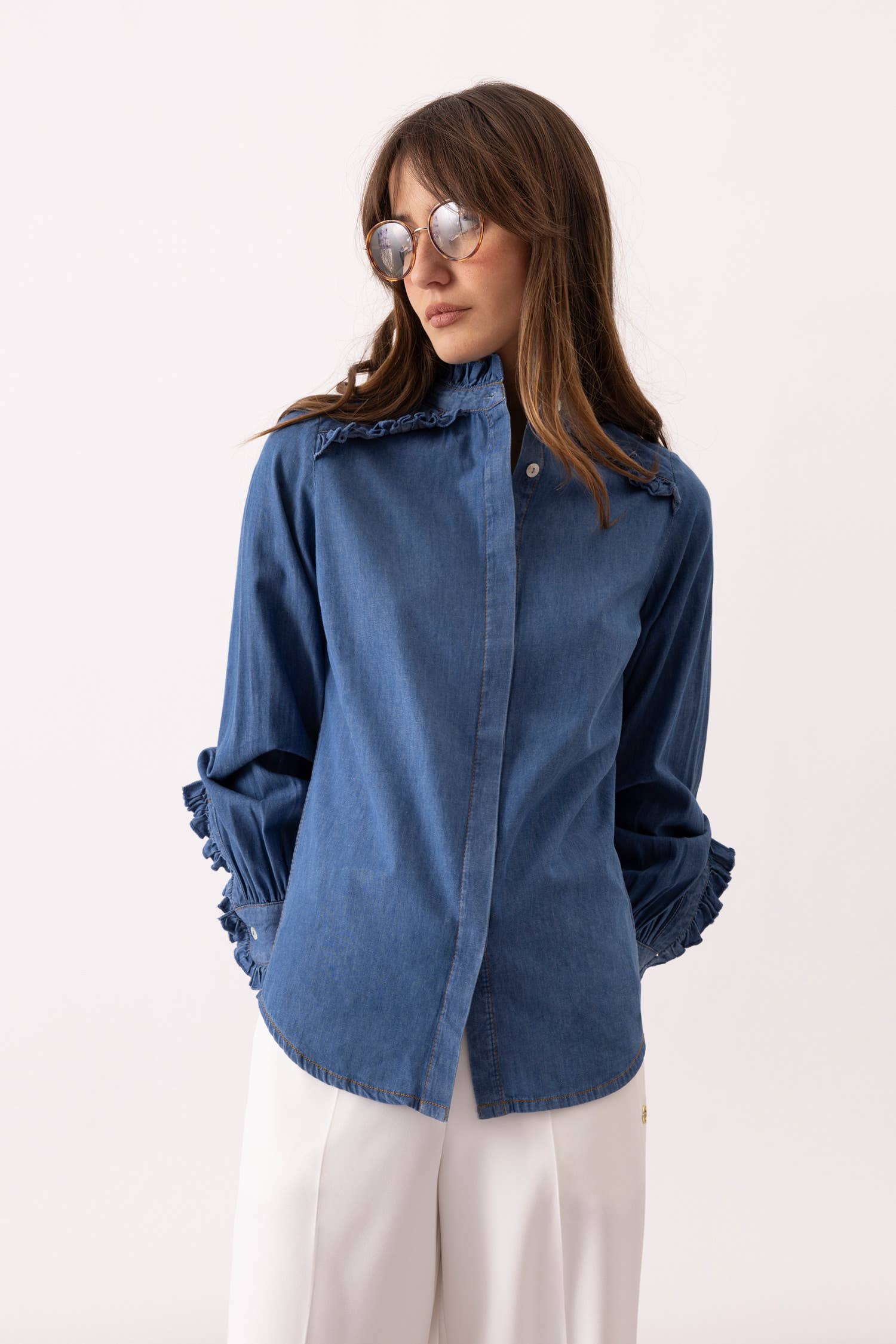 Lanidor - Jeansbluse mit Rüschenakzenten - 100% Baumwolle