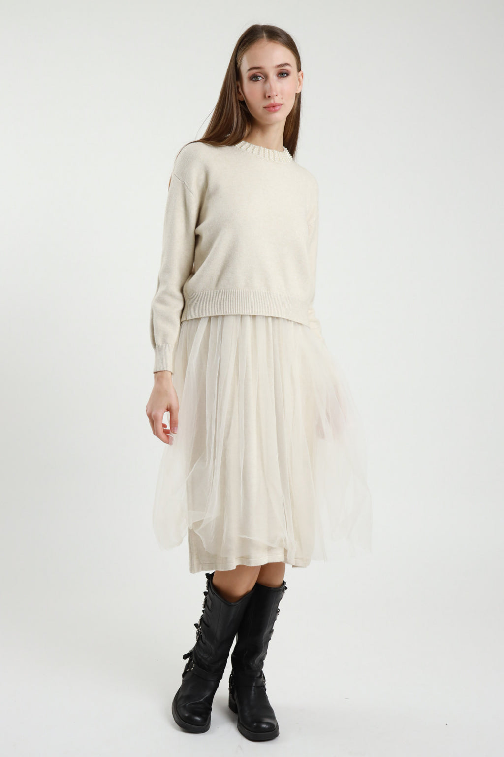 Susy Mix Strickkleid mit Tüllrock in Creme