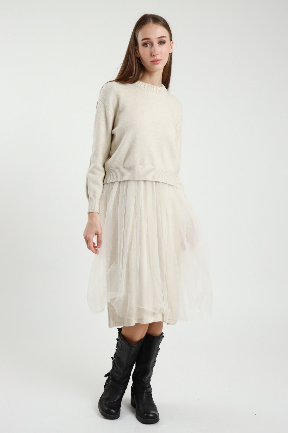 Susy Mix Strickkleid mit Tüllrock in Creme