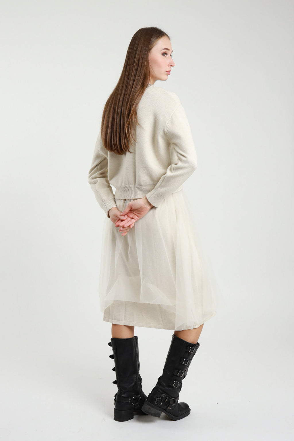 Susy Mix Strickkleid mit Tüllrock in Creme