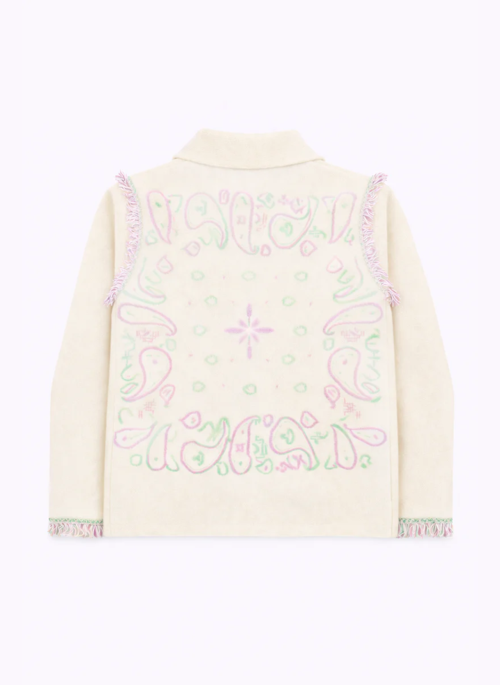 An´ge Paris Strickjacke Nissani Vanille | Fliederfarbene Oranmente & Fransendetails