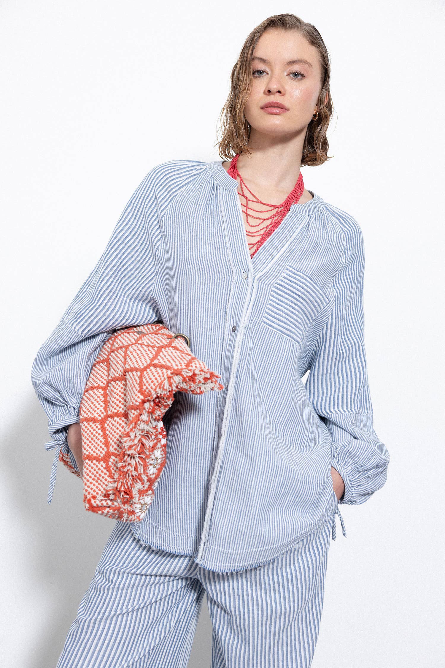 Lanidor Gestreifte Oversize Bluse Hellblau 100% Baumwolle