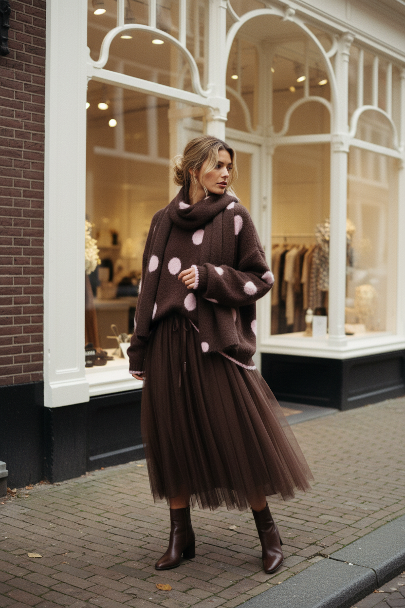 Afinity Pullover Braun-Rosa x Tüllrock Aria Dunkelbraun – Amsterdam Jugendstil